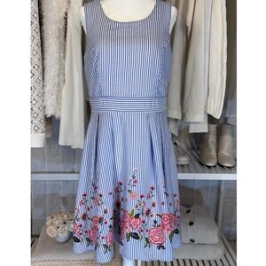 Trixxi Juniors Sz 13 Blue Striped Floral Double Strap Fit & Flare Sun Dress#0126